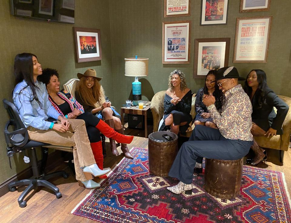 Country artists, from left, Sacha, Rissi Palmer, Tiera Kennedy, Madeline Edwards and Miko Marks speak to Tennessean reporters Marcus Dowlingand Caché McClay about the state of Black women in the genre after Camille Parker's debut at the Grand Ole Opry in Nashville, Tenn., Saturday, Feb. 17, 2024.