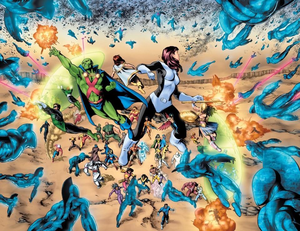 The OMAC army attacks the heroes of the DC Universe during Infinite Crisis.