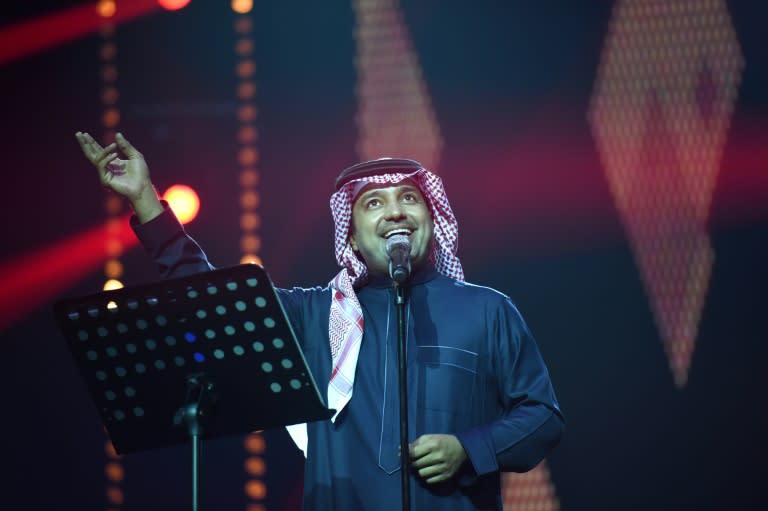 Saudi singer Rashed al-Majed performs during a rare concert in Riyadh on March 9, 2017