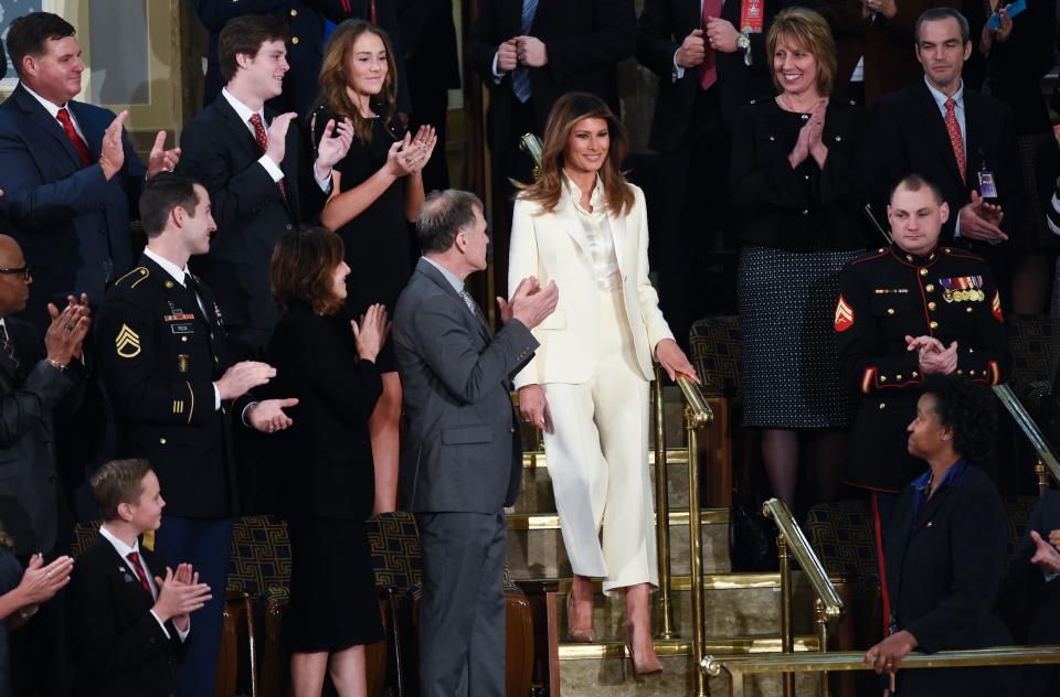 Social media went into overdrive when Melania Trump arrived at the State of the Union address. Her cream-hued Dior suit accessorised with a Dolce and Gabbana shirt immediately sparked debate, as it was undoubtedly much more than a standard outfit choice. The First Lady seemingly drew reference to Hillary Clinton’s famous white suit and eagle-eyed social media users claimed it was a sartorial tribute to the feminist muse. And maybe just maybe, a dig at misogynistic Donald Trump. [Photo: Getty]