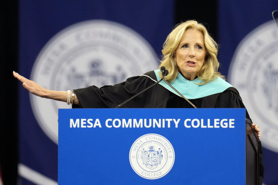 First lady Jill Biden speaks at the Mesa Community College commencement Saturday, May 11, 2024, in Tempe, Ariz. (AP Photo/Ross D. Franklin)