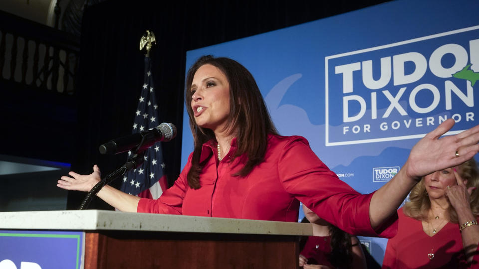 Republican gubernatorial candidate Tudor Dixon appears at a primary election party in Grand Rapids, Mich., Tuesday, Aug. 2, 2022. (AP Photo/Paul Sancya)