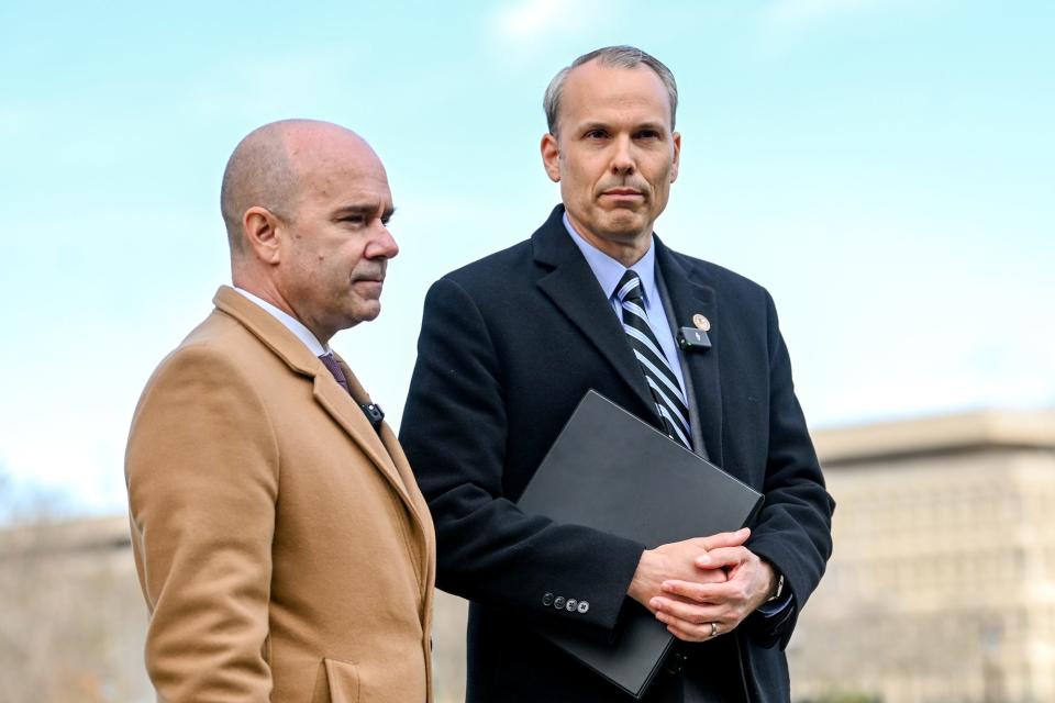 Pictured are U.S. Attorney for the Western District of Michigan Mark Totten, right, and James A. Tarasca, Special Agent in Charge of the FBI in Michigan.