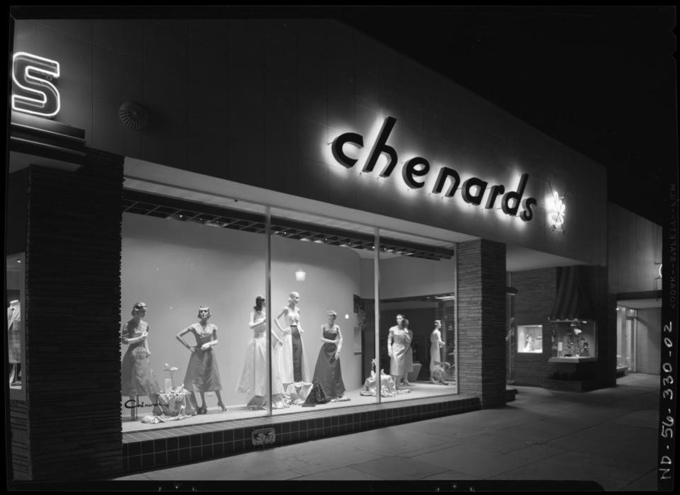 This exterior view of display windows is at the new Chenard's Women's Clothing Store at 2338 Guadalupe St. in 1956. It later became Snyder-Chenard's. The shop name "Chenard's" was taken from the names of Chester and Bernard Snyder, sons of Louis J. Snyder, who opened his first Austin shop at 714 Congress Ave. in 1933. The photo was taken by Neal Douglass.
