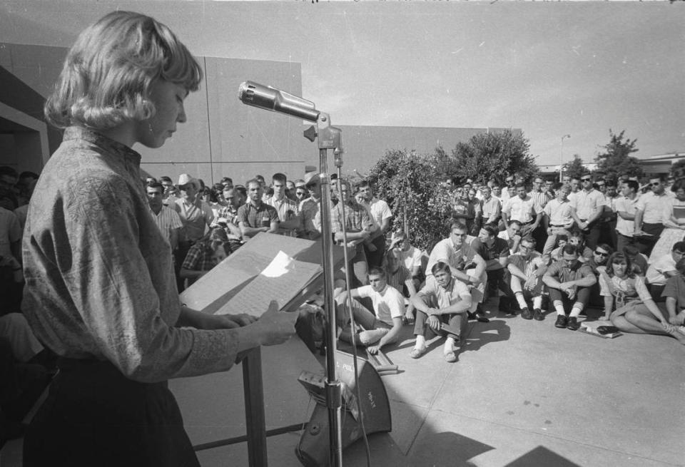 About 350 people attended a Cal Poly debate on the Vietnam War on Oct. 21, 1965, near the university snack bar.