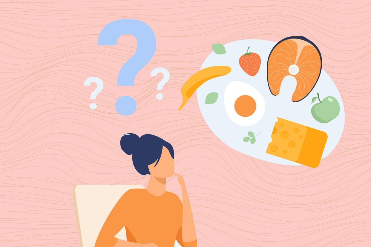 an illustration of a woman thinking with a thought bubble above her head with various foods in it