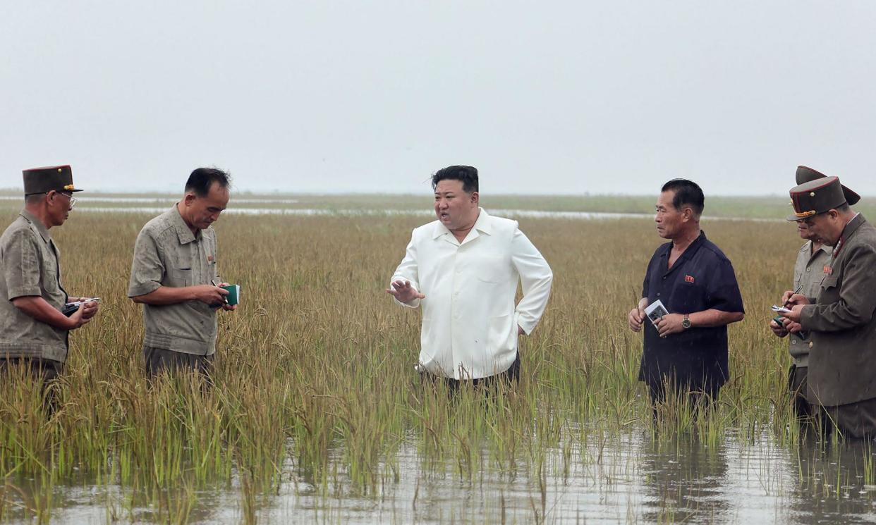 <span>North Korea's leader, Kim Jong-un (centre), in waist-deep water as he visits reclaimed land which that flood damage due to a levee breaking in the western port city of Nampo.</span><span>Photograph: KCNA VIA KNS/AFP/Getty Images</span>