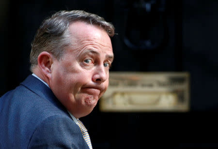 FILE PHOTO: Britain's Secretary of State for International Trade Liam Fox is seen outside Downing Street, as uncertainty over Brexit continues, in London, Britain May 7, 2019. REUTERS/Henry Nicholls/File Photo