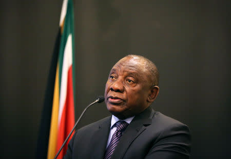 President Cyril Ramaphosa speaks before Finance Minister Tito Mboweni's swearing in ceremony at Tuynhuys in Cape Town, South Africa, October 9, 2018. REUTERS/Sumaya Hisham