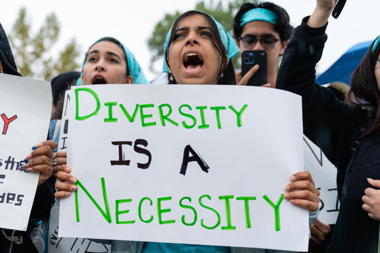 A Harvard student at a rally holds up a sign reading: Diversity is a necessity.