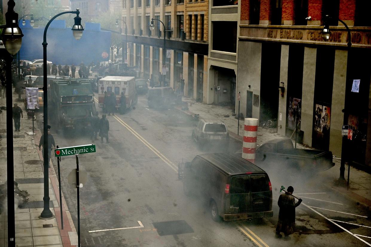 Worcester's Norwich Street stands in for a smoky New York City for "The Walking Dead: Dead City" Monday.