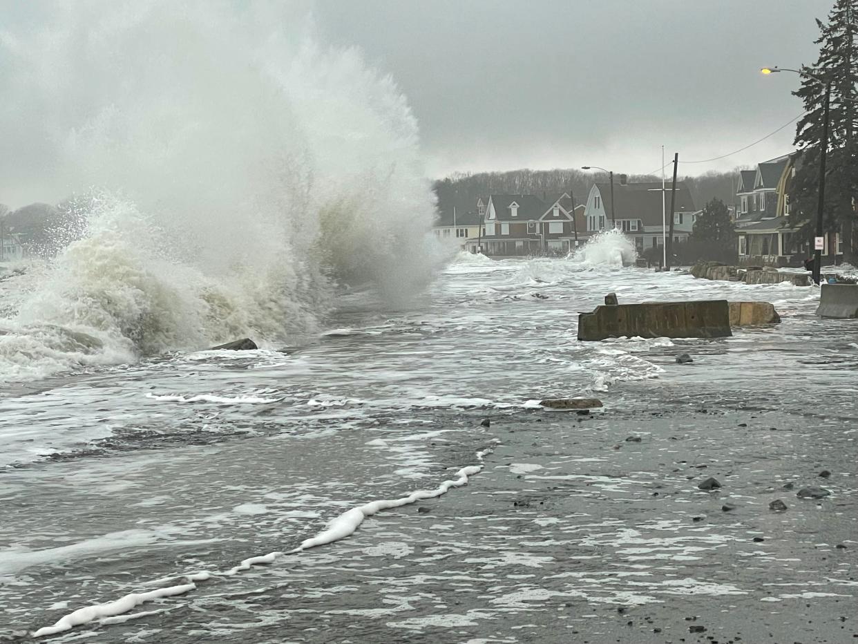 A high tide and coastal flooding in Kennebunk, Maine on Jan. 13, 2023.