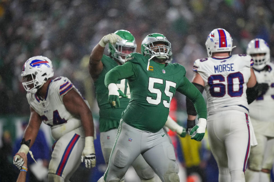 Philadelphia Eagles defensive end Brandon Graham celebrates after a sack against the Buffalo Bills during the second half of an NFL football game Sunday, Nov. 26, 2023, in Philadelphia. (AP Photo/Matt Slocum)