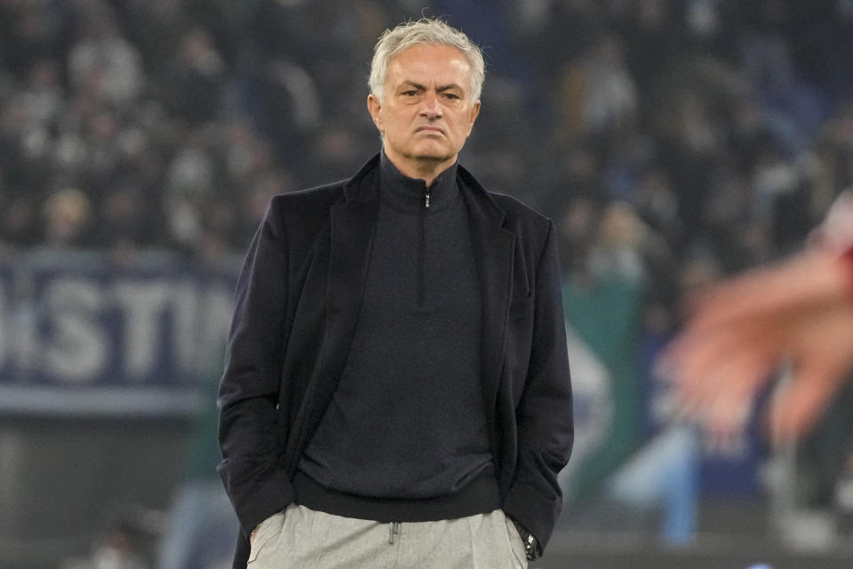 FILE - Roma's head coach Jose Mourinho stands on the pitch during his team's warm up ahead of the quarterfinal Italian Cup soccer match between Lazio and Roma at Rome's Olympic Stadium, Wednesday, Jan. 10, 2024. Roma has announced on Tuesday, Jan. 16, 2024 that José Mourinho is leaving the club “with immediate effect.” (AP Photo/Gregorio Borgia, File)