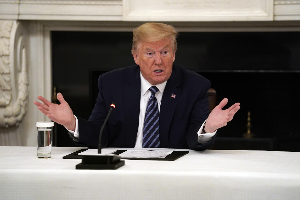 President Donald Trump speaks during a meeting with Republican lawmakers, in the State Dining Room of the White House, Friday, May 8, 2020, in Washington. (AP Photo/Evan Vucci)                                                                                                                                                            