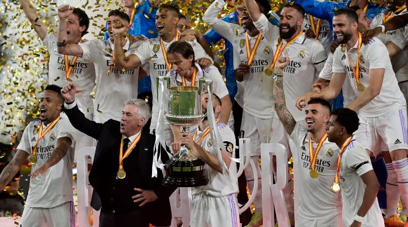   Real Madrid players celebrate after winning the Copa del Rey in May 2023. 