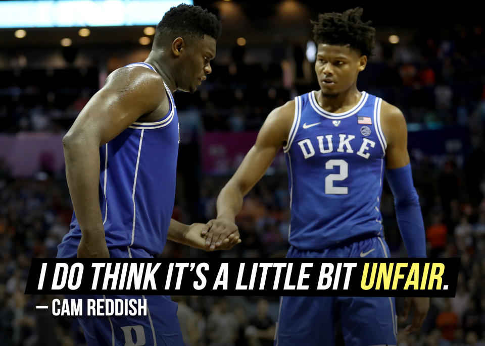 <a href="https://sports.yahoo.com/cam-reddish-says-hype-was-unfair-for-zion-williamson-thinks-he-can-be-better-pro-034944708.html" data-ylk="slk:Cam Reddish opened up;elm:context_link;itc:0;sec:content-canvas;outcm:mb_qualified_link;_E:mb_qualified_link;ct:story;" class="link  yahoo-link">Cam Reddish opened up</a> to reporters at the NBA draft combine about being shadowed by his Duke teammate Zion Williamson.