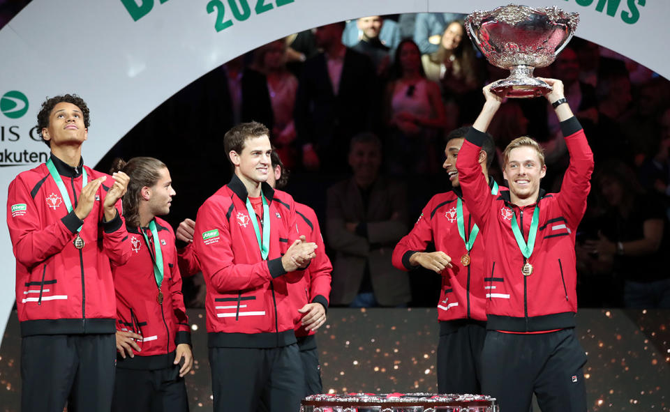 The Canadian team, pictured here celebrating with the trophy after winning the Davis Cup final.