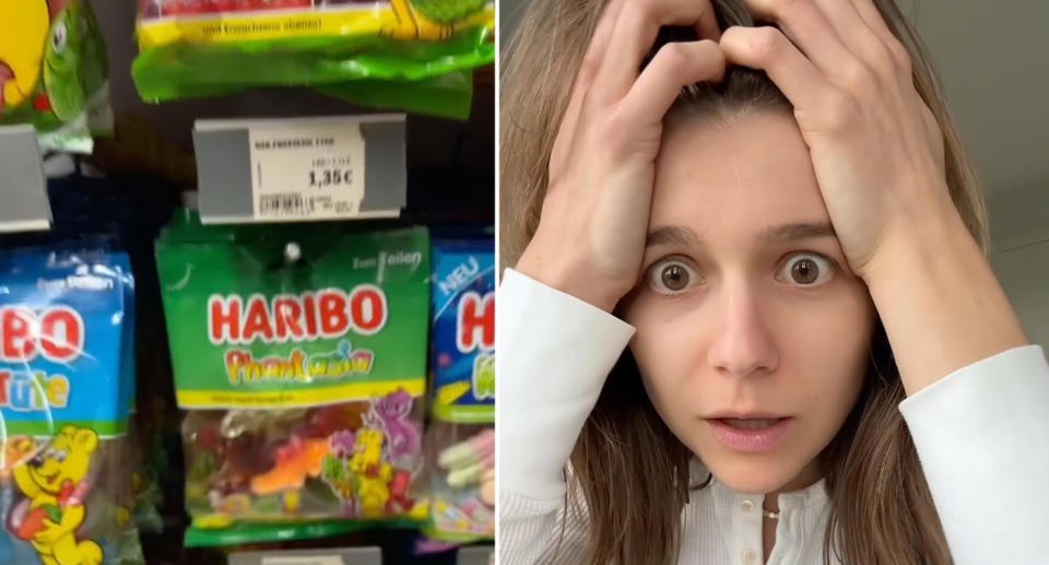 Haribo selection at the supermarket (left) and still from Anna's video of her holding her head (right).