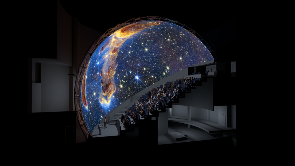 Representación del nuevo Jane & John Justin Foundation Omni Theater, que sustituye un proyector IMAX por paneles LED digitales 8K en la cúpula del cine.