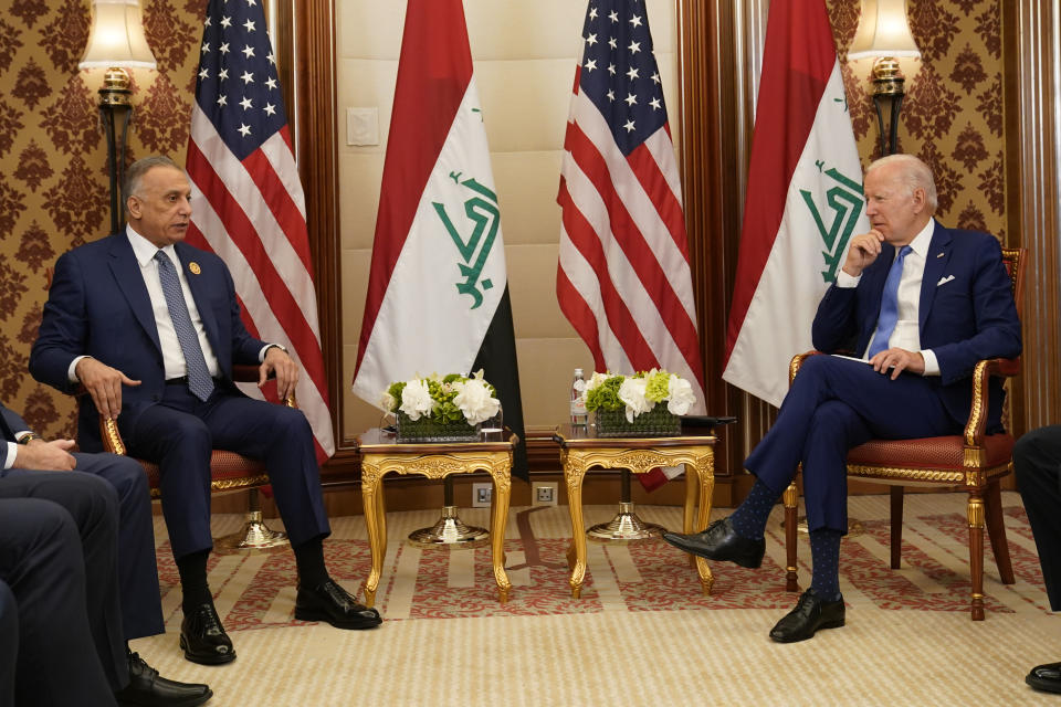 President Joe Biden meets with Iraqi Prime Minister Mustafa Al-Kadhimi, Saturday, July 16, 2022, in Jeddah, Saudi Arabia. (AP Photo/Evan Vucci)