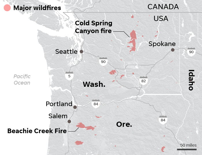 Major wildfires across Washington and Oregon.