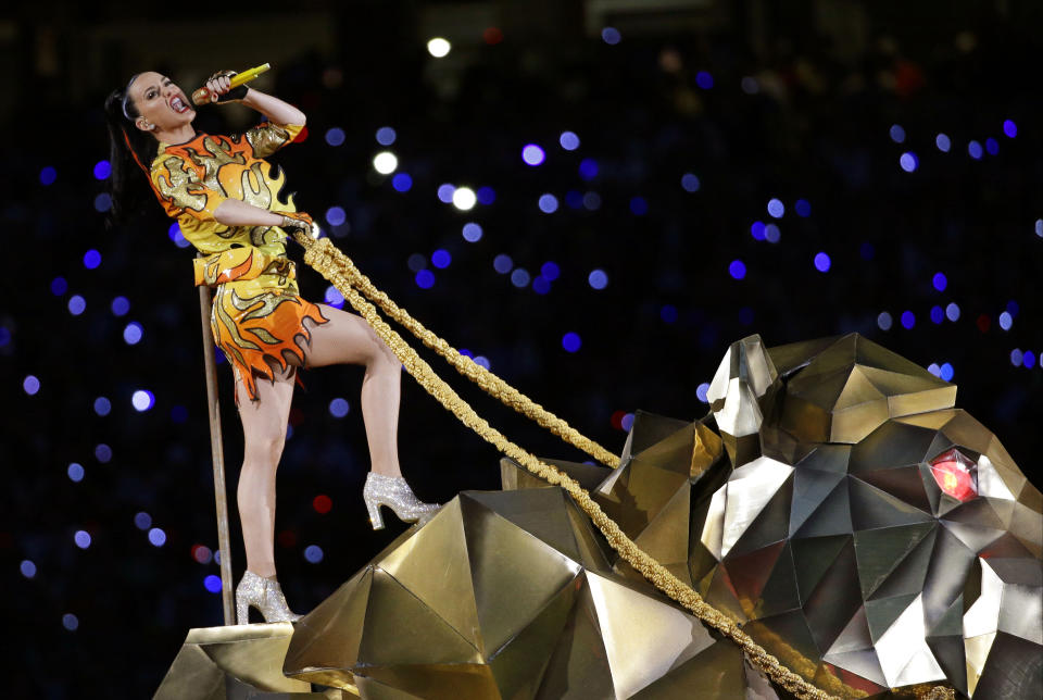 FILE - In this Sunday, Feb. 1, 2015 file photo, singer Katy Perry performs during halftime of NFL Super Bowl XLIX football game between the Seattle Seahawks and the New England Patriots in Glendale, Ariz. The penalty phase in a copyright infringement trial will begin Tuesday, July 30, 2019, in Los Angeles and will determine how much Perry and other creators of her hit song “Dark Horse” will owe for improperly copying elements of a 2009 Christian rap song. (AP Photo/David J. Phillip, File)