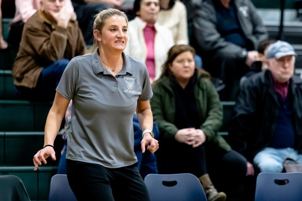 Westport head coach Jen Gargiulo reacts to the action on the court during Friday’s MIAA Division 5 Elite Eight matchup with Sutton.