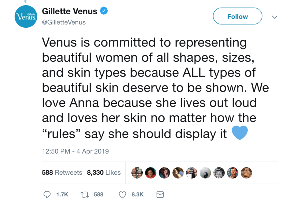 <strong>Comentario de Gillette Venus tras la publicación de la foto de una modelo de talla grande. (Screenshot Twitter/Gillette Venus)</strong>