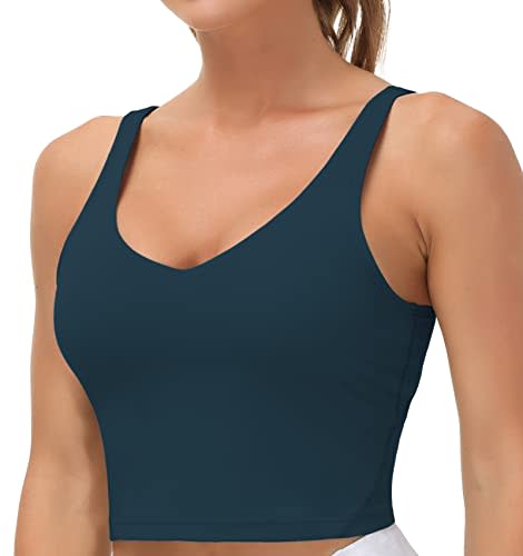 Women’s Longline Sports Bra Wirefree Padded Medium Support Yoga Bras Gym Running Workout Tank Tops(Dark Blue Green, Small)