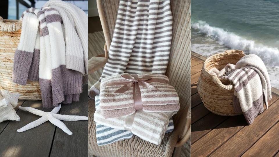 barefoot dreams blankets in basket on beach and stacked on a chair