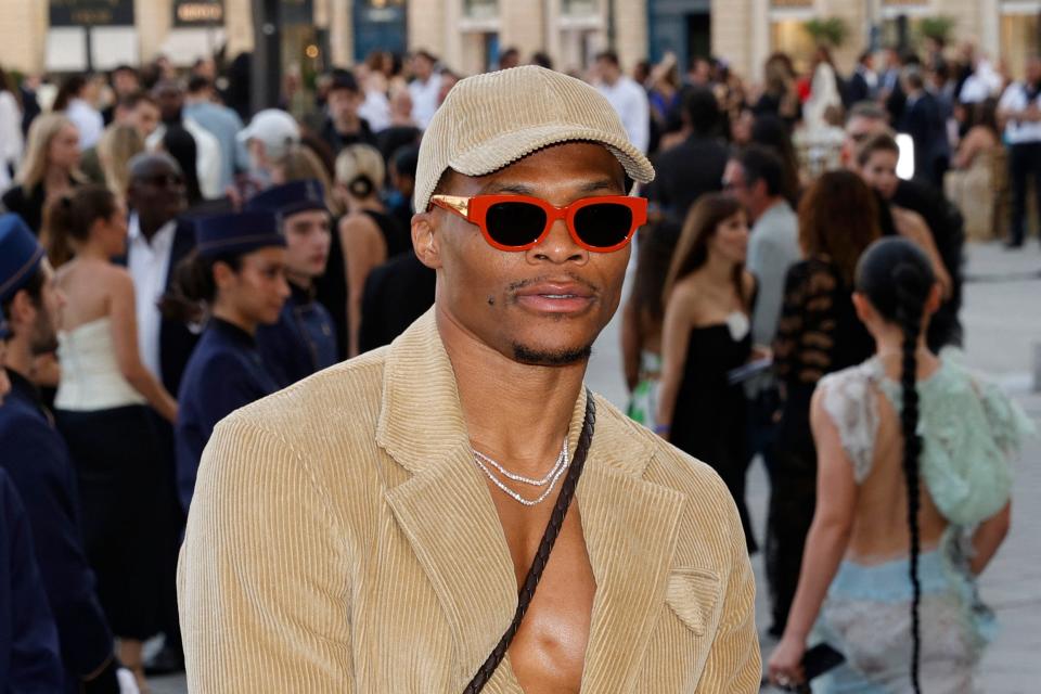 Russell Westbrook poses at a fashion show hosted by Vogue World as part of Paris Fashion Week at Place Vendome in Paris, on June 23, 2024.