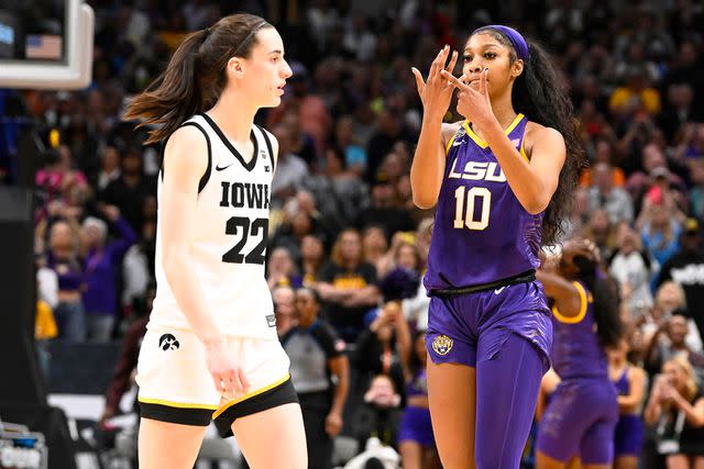 <p> Greg Nelson /Sports Illustrated via Getty</p> Caitlin Clark (left) and Angel Reese on April 2, 2023