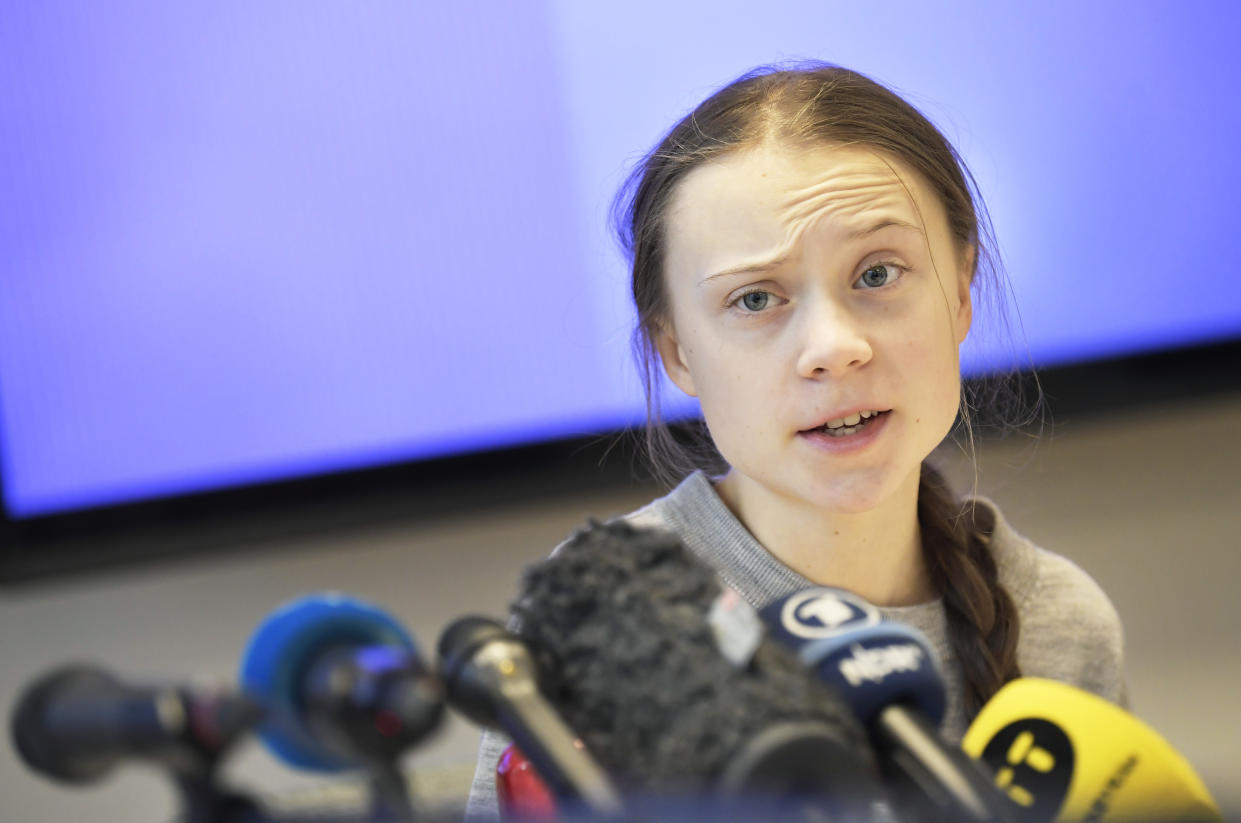 Swedish climate activist Greta Thunberg gives a press conference during a meeting with climate activists and experts from Africa focusing on key environmental threatening of the continent, on January 31, 2020 in Stockholm. (Photo by Pontus LUNDAHL / TT News Agency / AFP) / Sweden OUT (Photo by PONTUS LUNDAHL/TT News Agency/AFP via Getty Images)