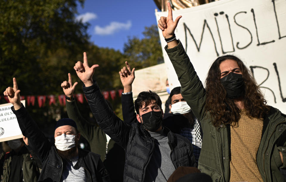 Protesters chant Islamic slogans during a protest by members of Islamic groups against France in Istanbul, Sunday, Nov. 1, 2020. There had been tension between France and Turkey after Turkish President Recep Tayyip Erdogan said France's President Emmanuel Macron needed mental health treatment and made other comments that the French government described as unacceptably rude. Erdogan questioned his French counterpart's mental condition while criticizing Macron's attitude toward Islam and Muslims. (AP Photo)