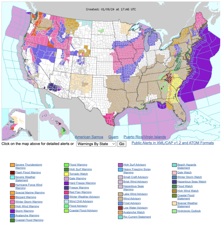 A map showing weather advisories in every U.S. state. (National Weather Service)