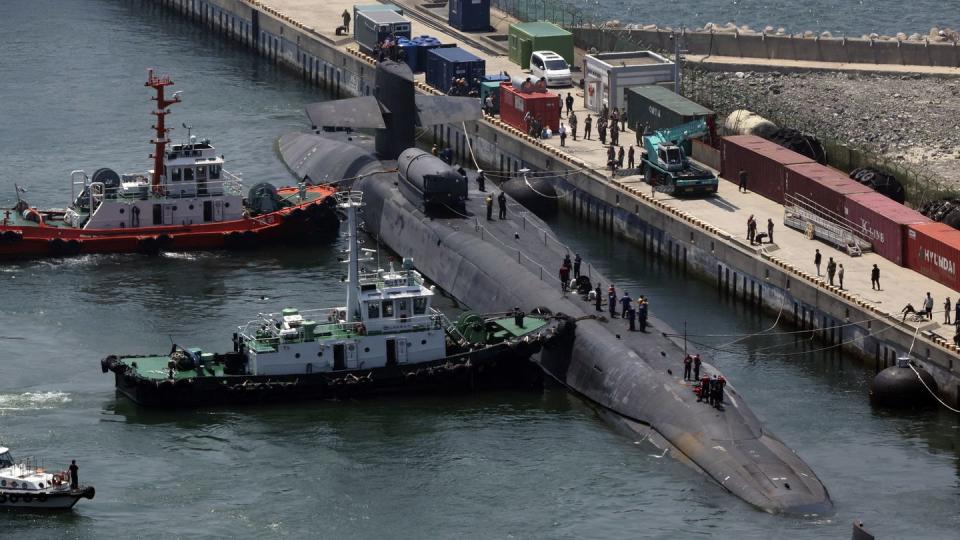 The USS Michigan docks at a naval base in Busan, South Korea, June 16. (Gang Duck-chul/Yonhap via AP)