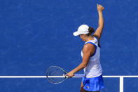 Ashleigh Barty, of Australia, acknowledges the crowd after defeating Jil Teichmann, of Switzerland, in the women's single final of the Western & Southern Open tennis tournament Sunday, Aug. 22, 2021, in Mason, Ohio. (AP Photo/Aaron Doster)