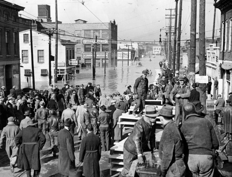 The pontoon bridge at Baxter and Lexington Road, built on whiskey barrels, was the only path between downtown Louisville and the Highlands after the 1937 flood.