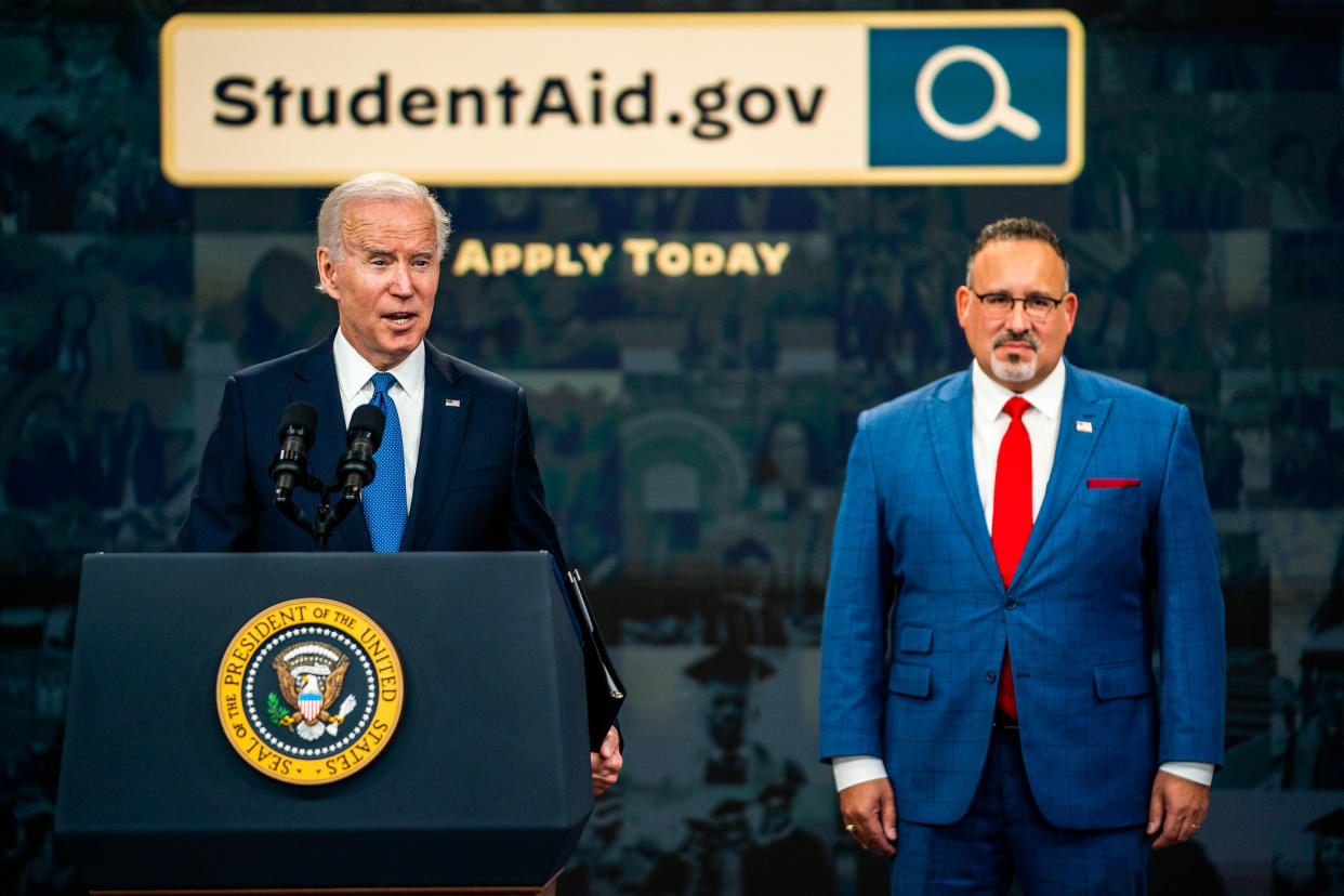 WASHINGTON, DC  October 17, 2022:

US President Joe Biden delivers an update on the Student Debt Relief Portal Beta Test in the South Court Auditorium of Eisenhower Executive Office Building on Monday, October 17, 2022. United States Secretary of Education Miguel Cardona was in attendance. 

(Photo by Demetrius Freeman/The Washington Post via Getty Images)