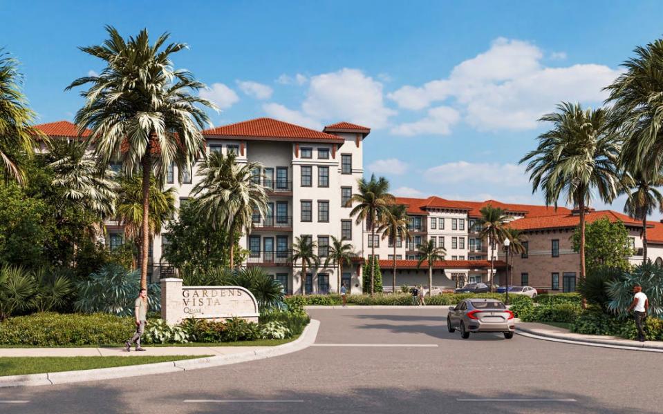 Rendering of a four-story apartment project that could rise on the southeast corner of Central Boulevard and Victoria Falls Boulevard, as approved earlier this month by the Palm Beach Gardens planning board.