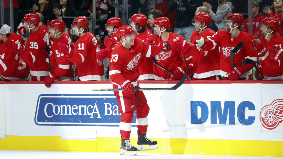 Detroit Red Wings left wing Adam Erne celebrates his goal against the Columbus Blue Jackets in the first period of an NHL hockey game Tuesday, Dec. 17, 2019, in Detroit. (AP Photo/Paul Sancya)