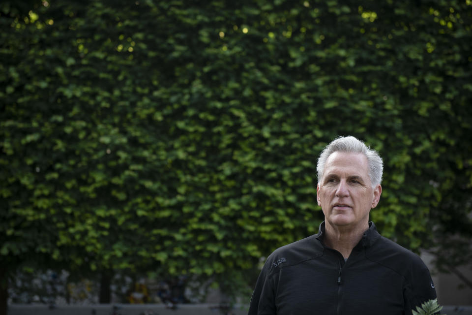 House Speaker Kevin McCarthy, of Calif., pauses after laying a wreath at the National Law Enforcement Officers Memorial, in Washington, Thursday, May 11, 2023. (AP Photo/Cliff Owen)