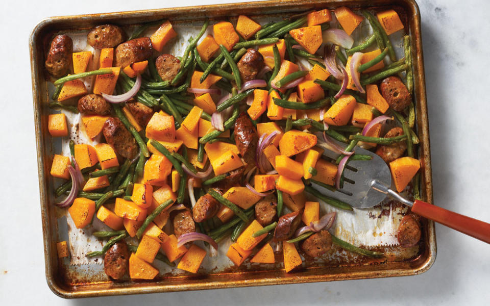 <p>Mark Boughton Photography</p><p> This <strong>Sheet Pan Sausage and Veggies</strong> dinner is filled with no-fuss frozen ingredients like <a href="https://parade.com/848796/felicialim/the-12-best-butternut-squash-recipes-youll-ever-make/" rel="nofollow noopener" target="_blank" data-ylk="slk:butternut squash;elm:context_link;itc:0;sec:content-canvas" class="link ">butternut squash</a>, <a href="https://www.yahoo.com/lifestyle/green-bean-casserole-green-beans-141937705.html" data-ylk="slk:green beans;elm:context_link;itc:0;sec:content-canvas;outcm:mb_qualified_link;_E:mb_qualified_link;ct:story;" class="link  yahoo-link">green beans</a>, onion and chicken sausage seasoned with maple syrup and Dijon mustard. But it's so customizable: you can also swap any of these for whatever you have in your fridge and freezer that you're trying to use up.</p><p><strong>Get the recipe: <a href="https://parade.com/998284/jocelynruggiero/sheet-pan-sausage-and-veggies-recipe/" rel="nofollow noopener" target="_blank" data-ylk="slk:Sheet Pan Sausage and Veggies;elm:context_link;itc:0;sec:content-canvas" class="link ">Sheet Pan Sausage and Veggies</a></strong></p>