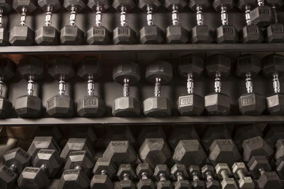 dumbbells on rack