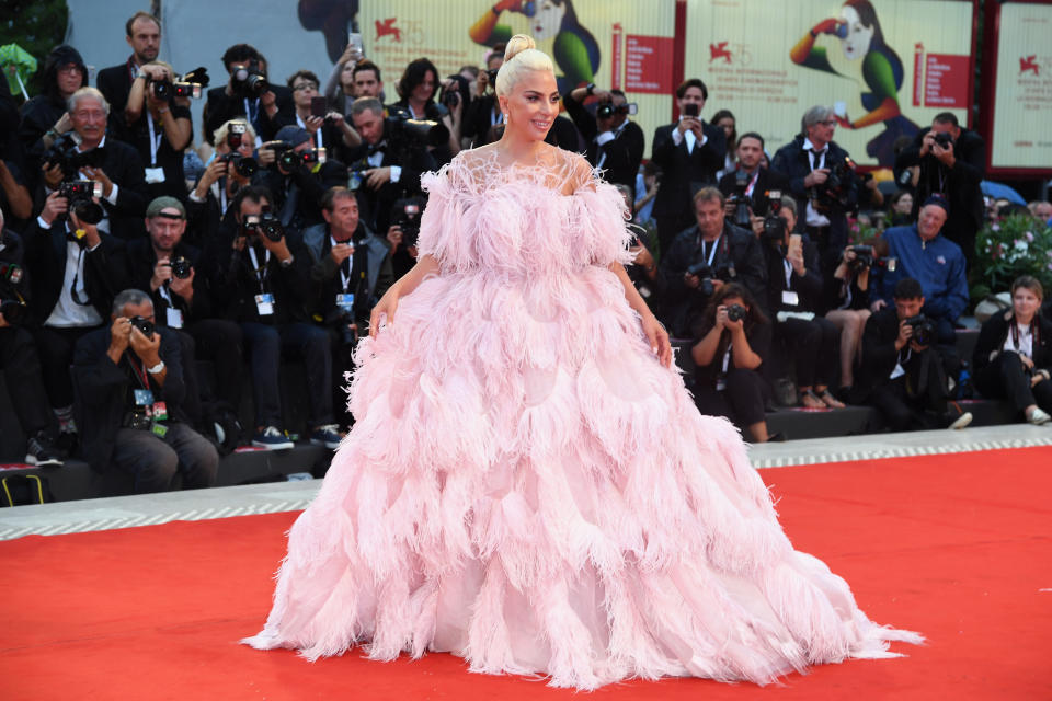 Lady Gaga is pretty in pink on the red carpet ahead of the ‘A Star Is Born’ screening during the 75th Venice Film Festival. Her <span>and Bradley Cooper’s song ‘Shallow’ is threatening a sweep the awards. </span>Photo: Getty