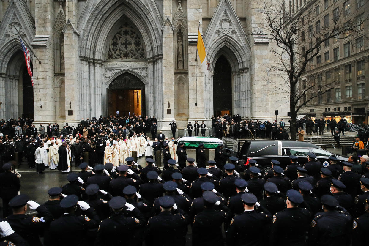 The casket of fallen NYPD Officer Jason Rivera is brought out of St. Patrick's Cathedral during his funeral on January 28, 2022 in New York City. The 22-year-old NYPD officer was shot and killed on January 21 in Harlem while responding to a domestic distu (Spencer Platt / Getty Images)