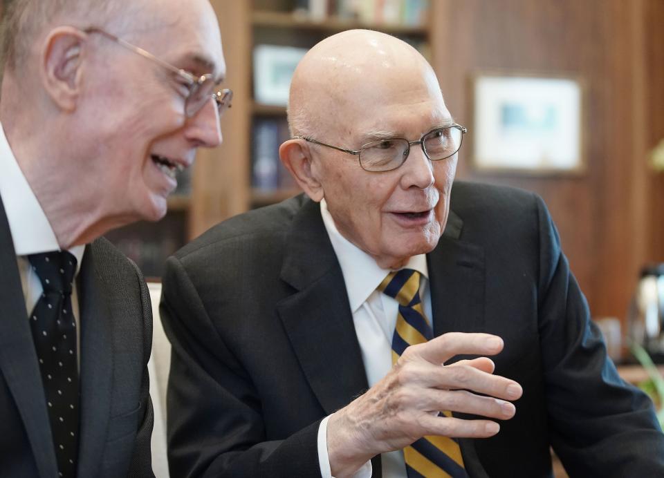 President Dallin H. Oaks, first counselor in the First Presidency, and President Henry B. Eyring, second counselor in the First Presidency, speaks during an interview in Salt Lake City on Wednesday June 16, 2021. | Jeffrey D. Allred, Deseret News