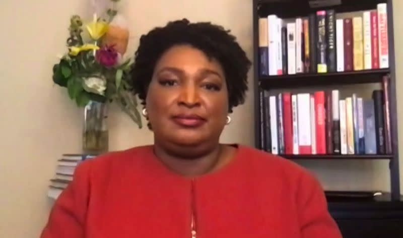 Voting rights advocate Stacey Abrams speaks during a Reuters interview