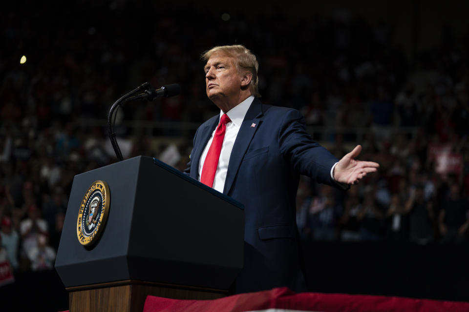 President Donald Trump speaks during a campaign rally at Veterans Memorial Coliseum, Wednesday, Feb. 19, 2020, in Phoenix. (AP Photo/Evan Vucci)
